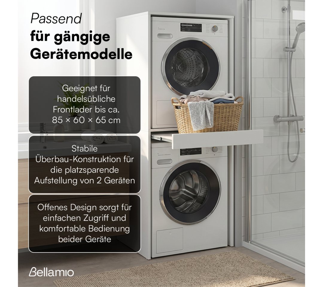 Bellamio Waschmaschinenumbauschrank Vist, Waschturm für Waschmaschine & Trockner mit ausziehbarer Ablage (187 x 65 x 66 cm (HxTxB), weiß) Hochschrank kompatibel mit Standardgeräten, mit Wandanschluss Bild 5