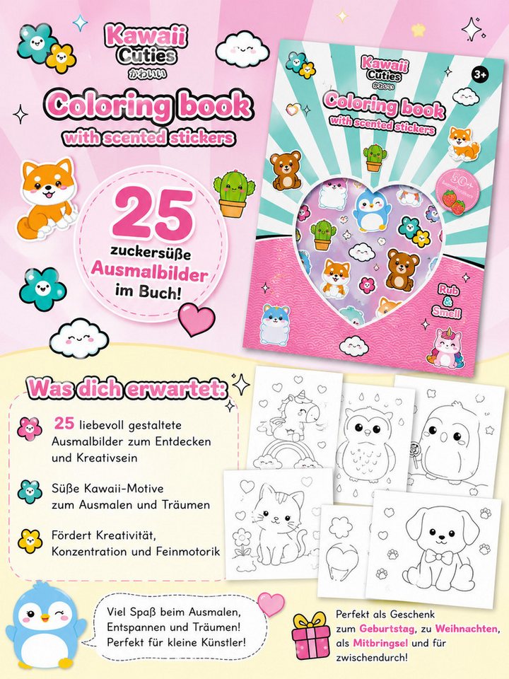 Kawaii Malblock Kawaii Cuties Malbuch Sticker mit Duft Kinder Geschenke Mädchen Jungen, Malbuch mit Duftstickern und süßen Kawaii-Motiven für Kinder zuhause!! Bild 2