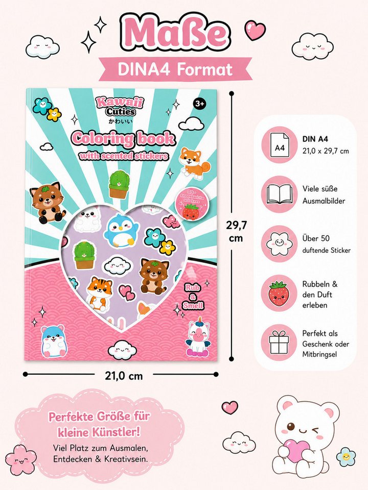 Kawaii Malblock Kawaii Cuties Malbuch Sticker mit Duft Kinder Geschenke Mädchen Jungen, Malbuch mit Duftstickern und süßen Kawaii-Motiven für Kinder zuhause!! Bild 3