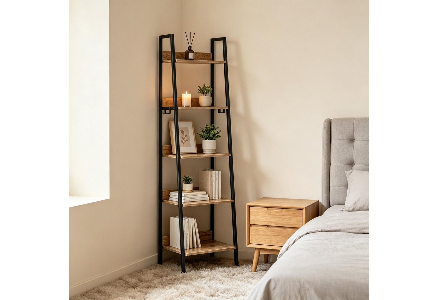 ibettertec Bücherregal 5-stufiges Bücherregal im Industrial-Stil, Standregal mit schwarzem Metallrahmen und MDF-Platten, für Wohnzimmer, Schlafzimmer Bild 2