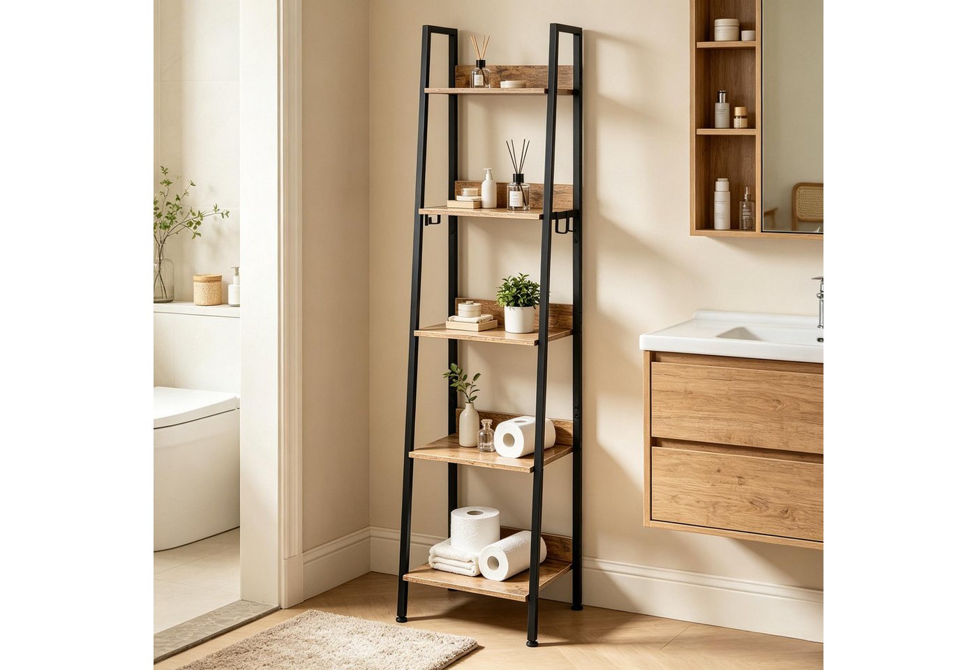 ibettertec Bücherregal 5-stufiges Bücherregal im Industrial-Stil, Standregal mit schwarzem Metallrahmen und MDF-Platten, für Wohnzimmer, Schlafzimmer Bild 3