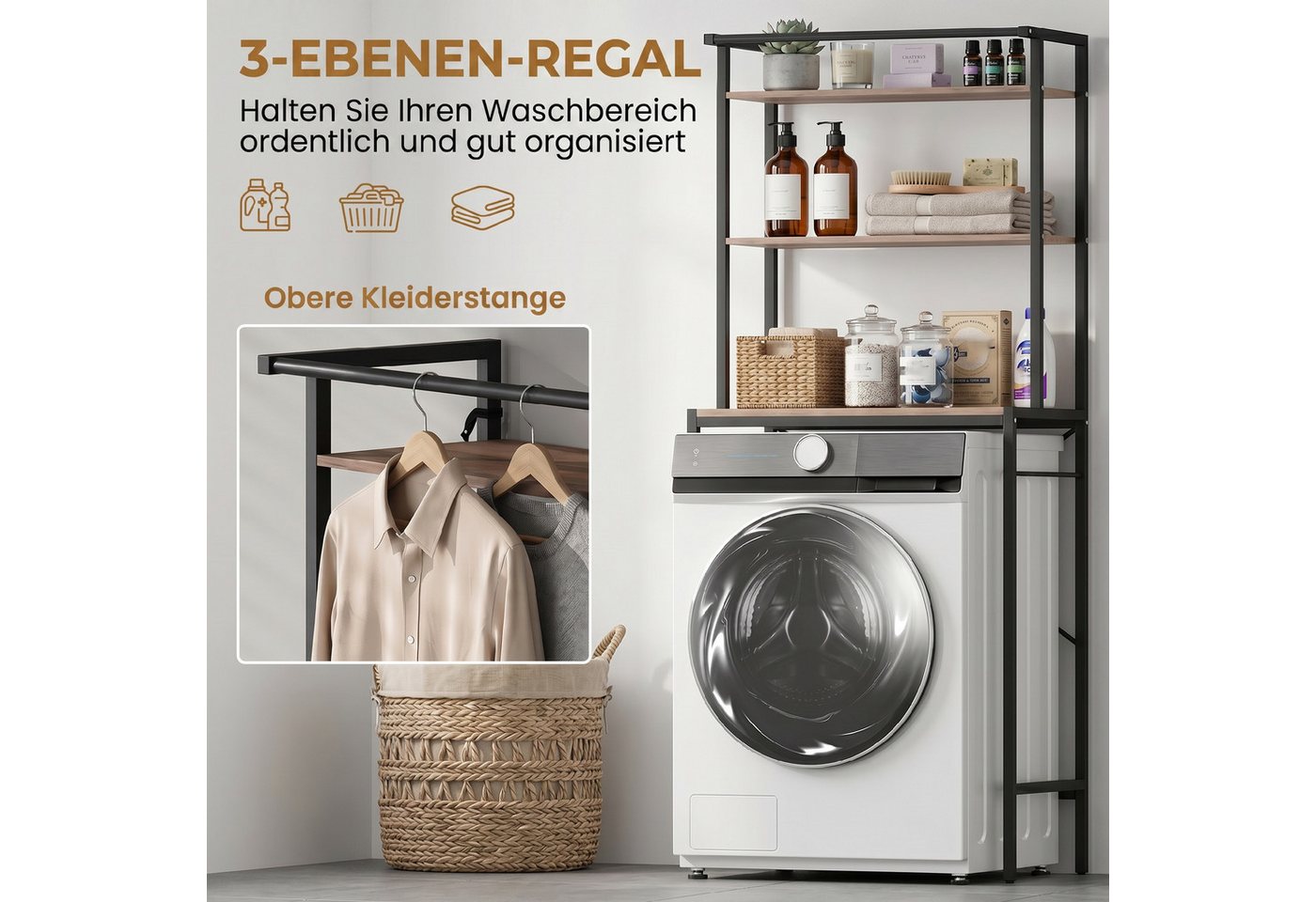 HOMCOM Waschmaschinenumbauschrank Badezimmerregal mit Trockenstange (Set, 1-St., 1er Set) Für Waschmaschine Bild 3
