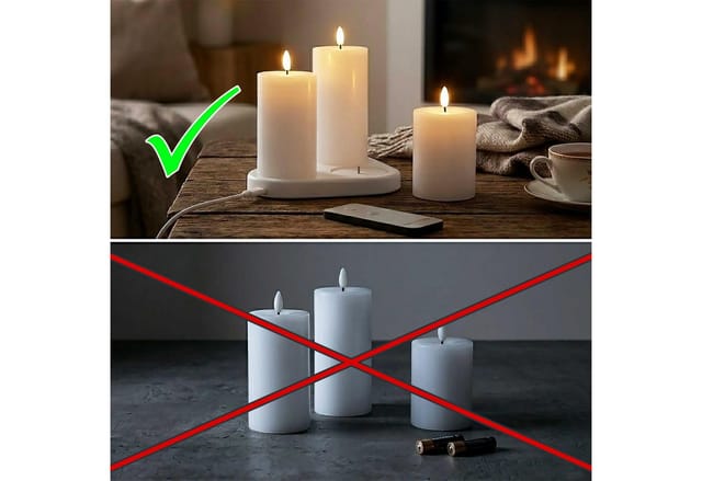 Spetebo LED-Kerze 3er Set Echtwachs Kerze wiederaufladbar mit Ladestation (Anzahl, 1-tlg.,15 / 12 / 10 cm), Künstliche Stumpenkerze mit Flammen Effekt Akku betrieben