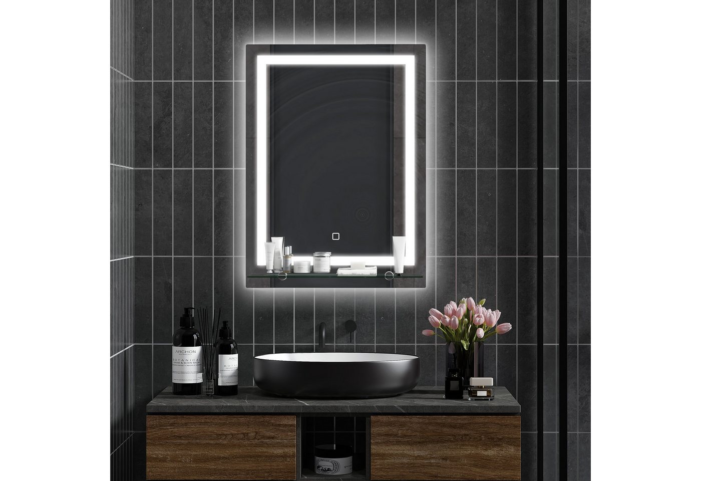 BAYMATE Badspiegel LED-Wand-Badezimmerspiegel mit integrierter Ablage (3 Farben, einstellbarer Helligkeit und Berührungsschalter)