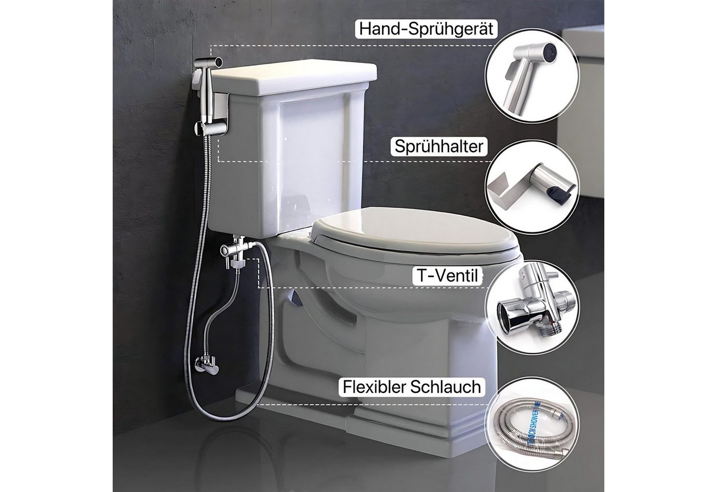 HoyoLee Handels GmbH Handbrause Bidet-Set aus Edelstahl, WC-Handbrause mit 1,5-m-Schlauch, 5-tlg. Bild 3