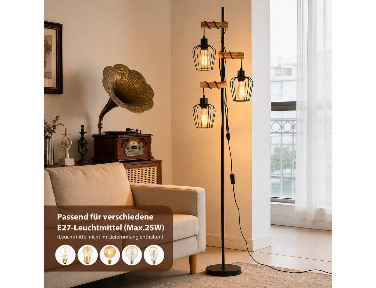 ZMH Stehlampe 1/2 Flammig 151CM Holz Retro Standleuchte Schlafzimmer&Wohnzimmer, Einfache Installation, ohne Leuchtmittel, Standleuchte inkl. Schalter - Schwarz Schlafzimmer Flur