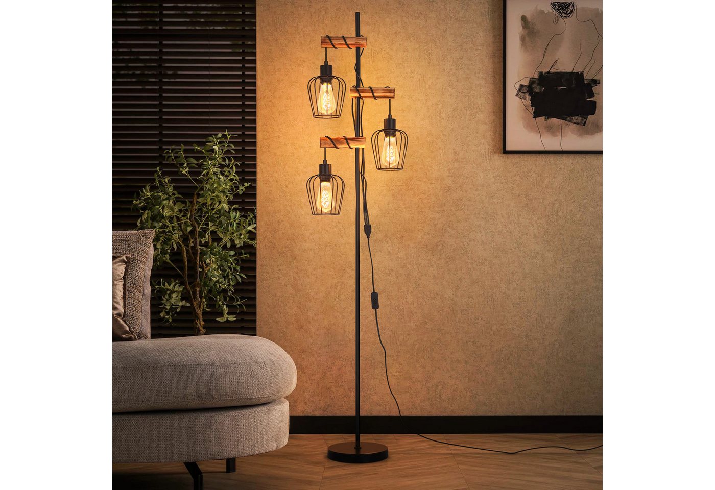 ZMH Stehlampe 1/2 Flammig 151CM Holz Retro Standleuchte Schlafzimmer&Wohnzimmer, Einfache Installation, ohne Leuchtmittel, Standleuchte inkl. Schalter - Schwarz Schlafzimmer Flur Bild 2