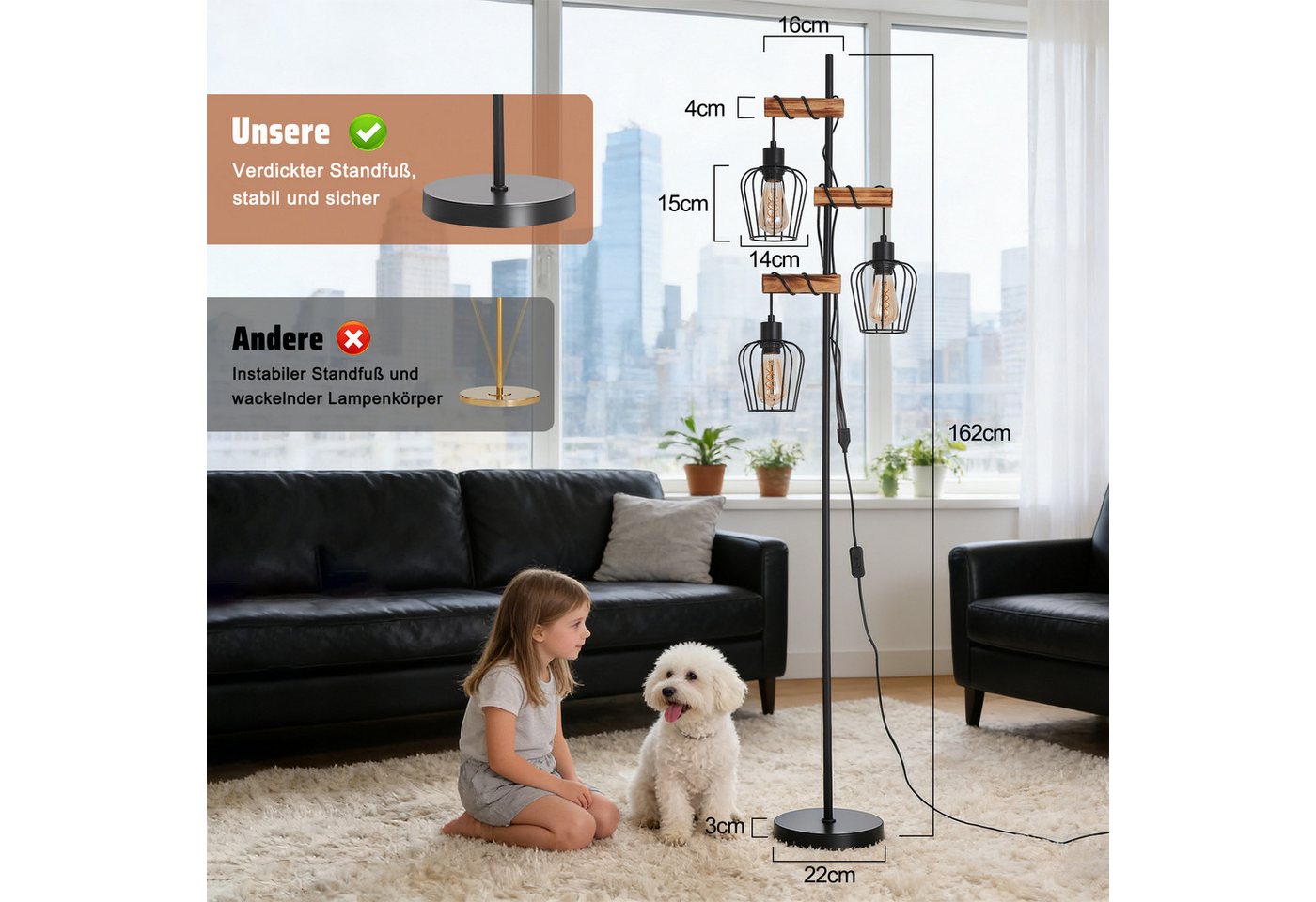 ZMH Stehlampe 1/2 Flammig 151CM Holz Retro Standleuchte Schlafzimmer&Wohnzimmer, Einfache Installation, ohne Leuchtmittel, Standleuchte inkl. Schalter - Schwarz Schlafzimmer Flur Bild 3