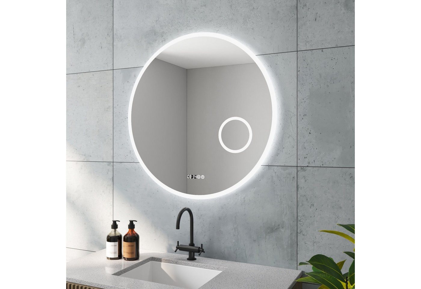 AQUALAVOS Badspiegel Rund Spiegel LED Badspiegel mit Beleuchtung Φ 80 cm Badezimmerspiegel, Antibeschlage, Uhr, Touch Dimmbar, Memory-Funktion, Schutzklasse IP44 Bild 3