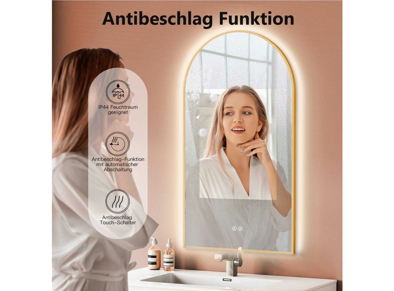 HOKO Badspiegel mit beleuchtung+Antibeschlag, Spiegel Gold / Schwarz mit Licht (50x90 / 60x100 cm, HOCH+QUER Montage. Badezimmerspiegel+Warmweiß-Kaltweiß-Neutral)