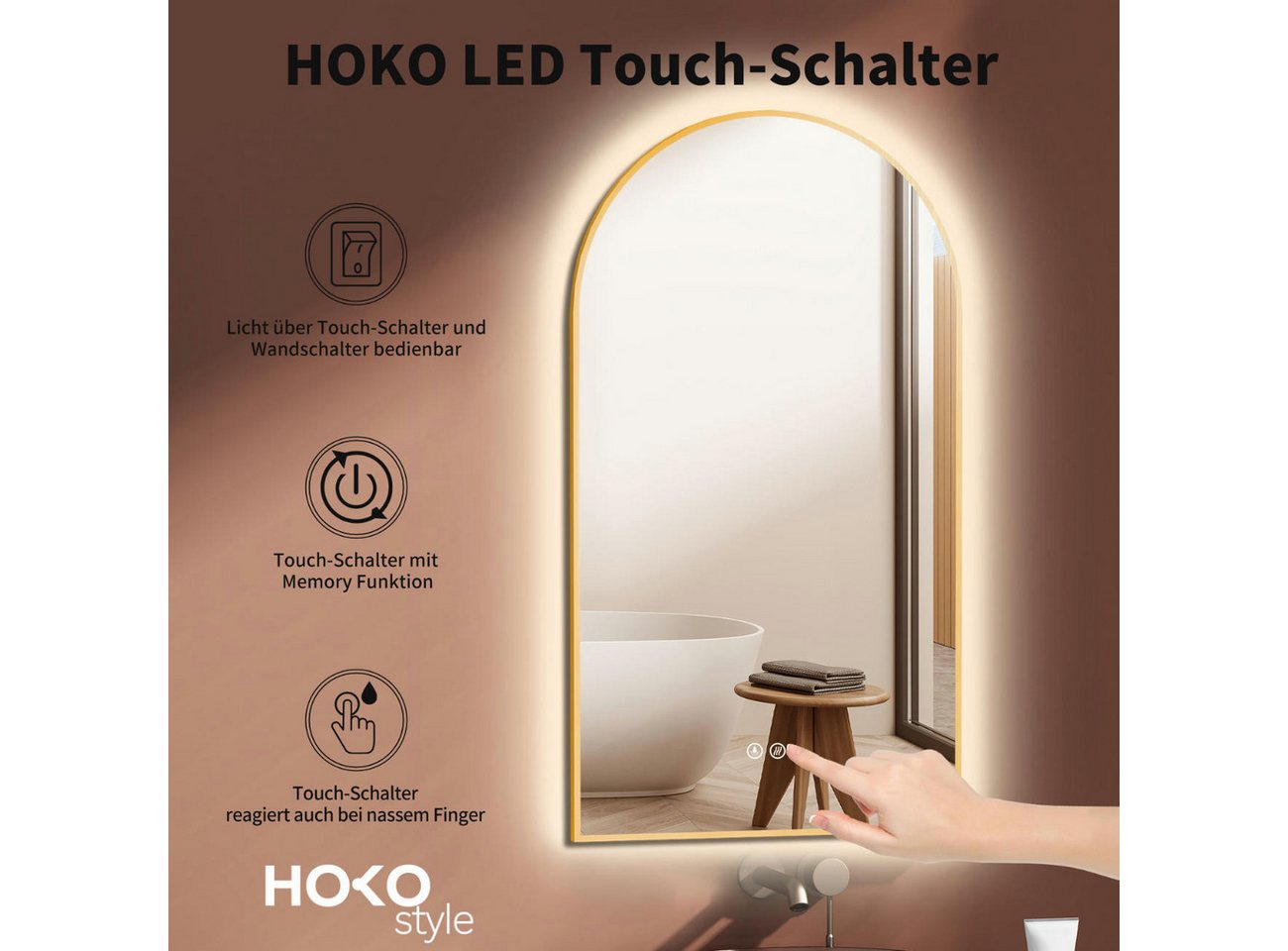 HOKO Badspiegel mit beleuchtung+Antibeschlag, Spiegel Gold / Schwarz mit Licht (50x90 / 60x100 cm, HOCH+QUER Montage. Badezimmerspiegel+Warmweiß-Kaltweiß-Neutral) Bild 2