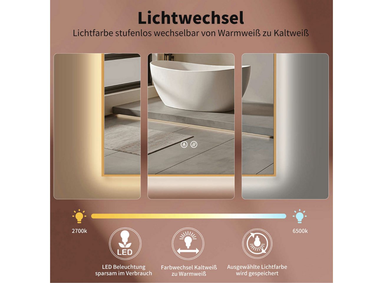 HOKO Badspiegel mit beleuchtung+Antibeschlag, Spiegel Gold / Schwarz mit Licht (50x90 / 60x100 cm, HOCH+QUER Montage. Badezimmerspiegel+Warmweiß-Kaltweiß-Neutral) Bild 5