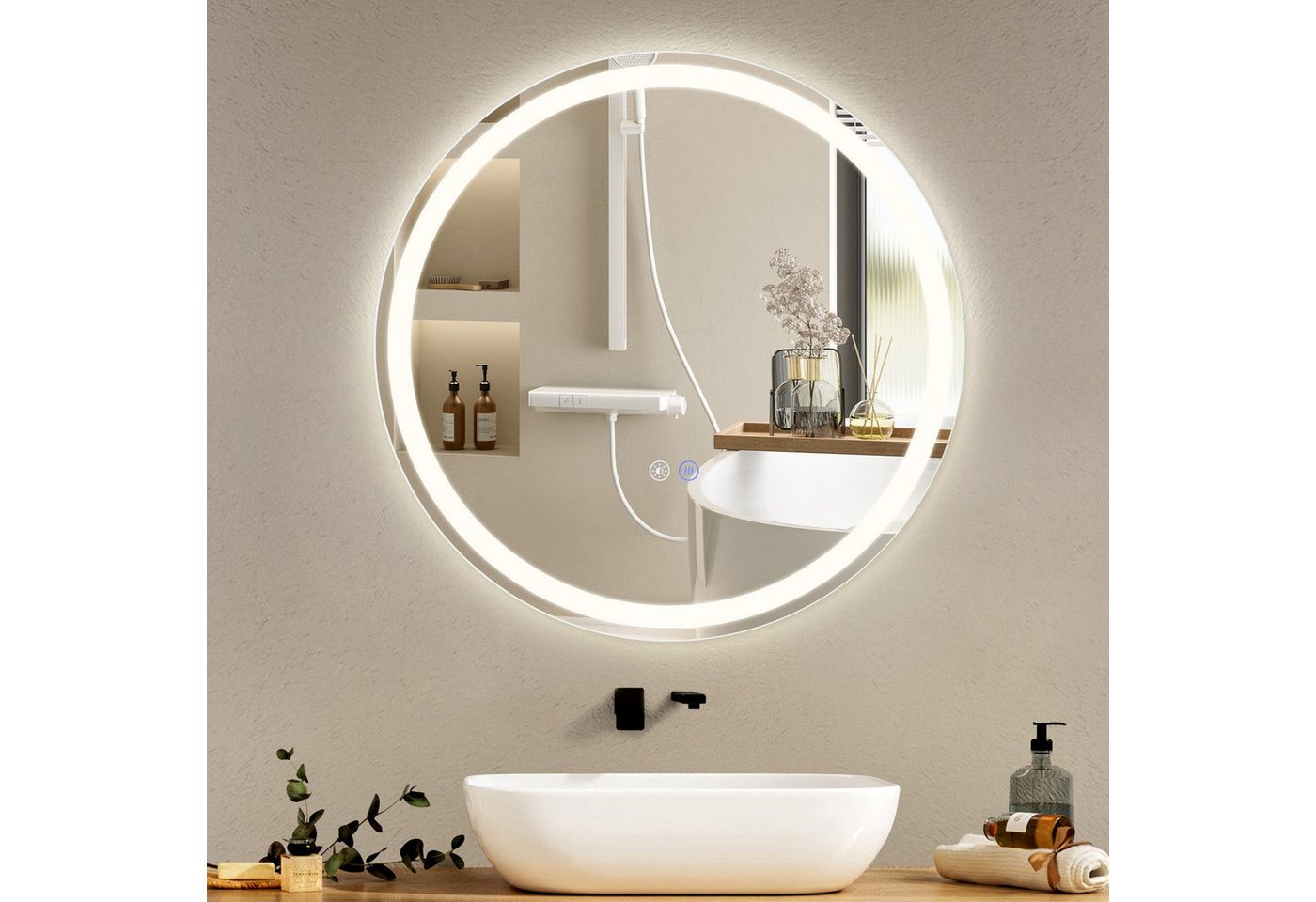 Nettlife Badspiegel Rund Touch Schalter und Entfogger Wandspiegel Beleuchtet 50/60/70/80cm, Entfogger Funktion Dimmbar Memories Funktion Ideal für Badezimmer Bild 2