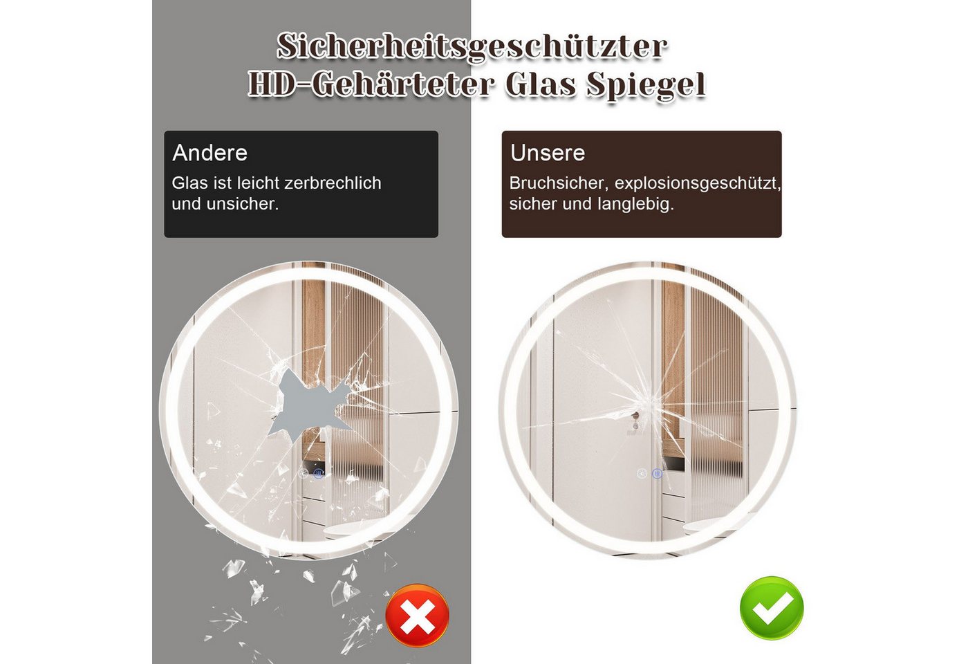 Nettlife Badspiegel Rund Touch Schalter und Entfogger Wandspiegel Beleuchtet 50/60/70/80cm, Entfogger Funktion Dimmbar Memories Funktion Ideal für Badezimmer Bild 3
