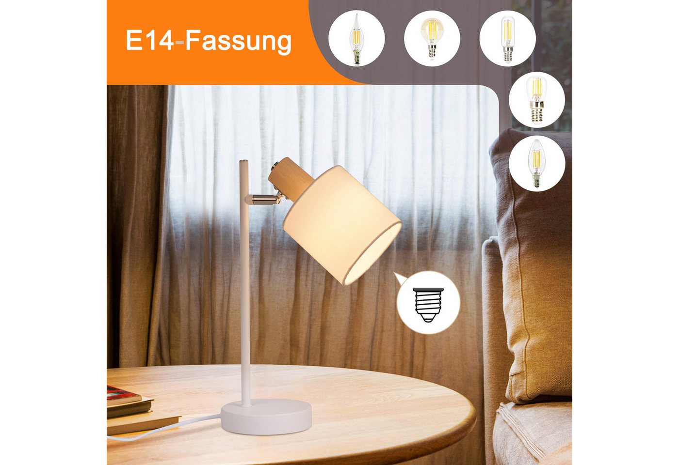 ZMH Tischleuchte Wohnzimmer 35CM Weiß Stoffschirm Retro mit Schalter Schlafzimmerlampe, Einfache Installation, ohne Leuchtmittel, Drehbar 350° E14 Nachttischlampe Vintage mit Schalter