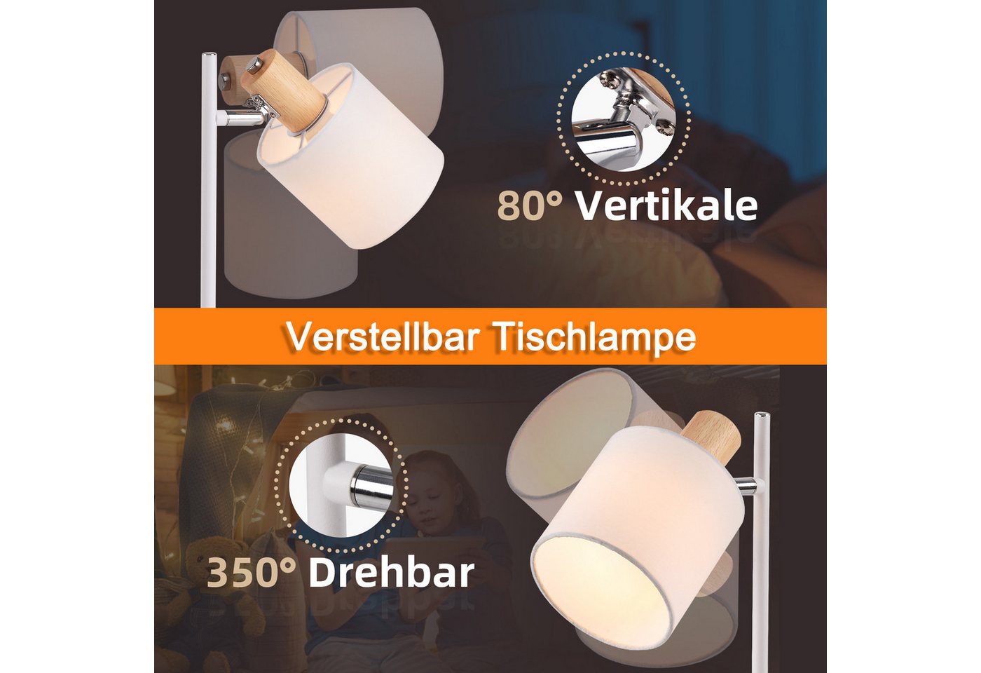 ZMH Tischleuchte Wohnzimmer 35CM Weiß Stoffschirm Retro mit Schalter Schlafzimmerlampe, Einfache Installation, ohne Leuchtmittel, Drehbar 350° E14 Nachttischlampe Vintage mit Schalter Bild 2