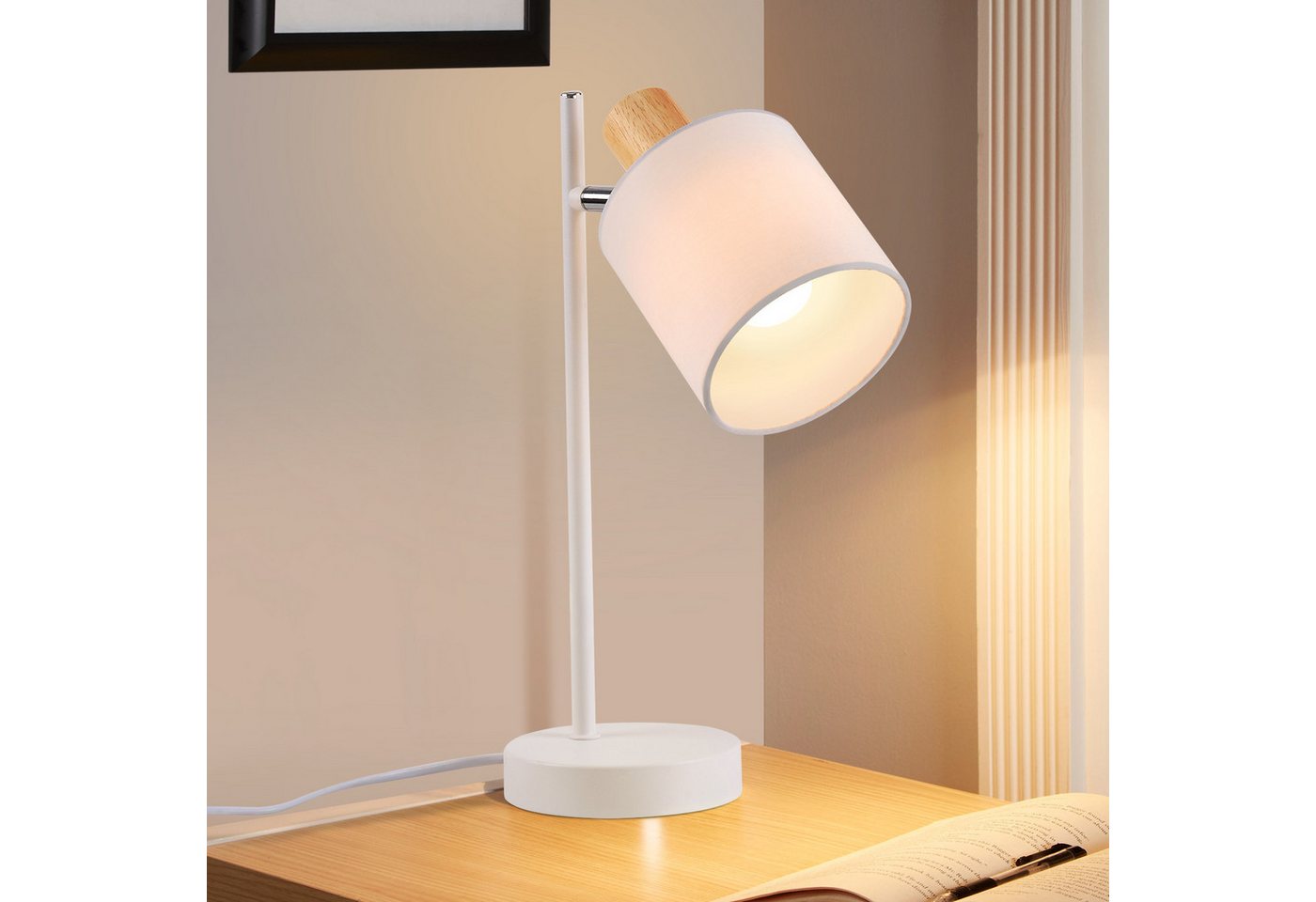 ZMH Tischleuchte Wohnzimmer 35CM Weiß Stoffschirm Retro mit Schalter Schlafzimmerlampe, Einfache Installation, ohne Leuchtmittel, Drehbar 350° E14 Nachttischlampe Vintage mit Schalter Bild 3