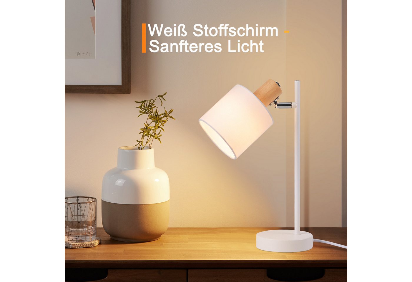 ZMH Tischleuchte Wohnzimmer 35CM Weiß Stoffschirm Retro mit Schalter Schlafzimmerlampe, Einfache Installation, ohne Leuchtmittel, Drehbar 350° E14 Nachttischlampe Vintage mit Schalter Bild 4