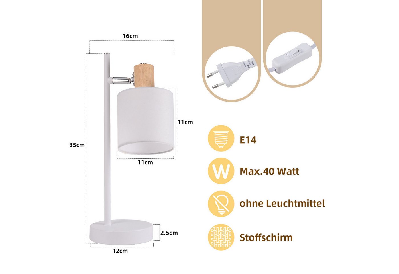 ZMH Tischleuchte Wohnzimmer 35CM Weiß Stoffschirm Retro mit Schalter Schlafzimmerlampe, Einfache Installation, ohne Leuchtmittel, Drehbar 350° E14 Nachttischlampe Vintage mit Schalter Bild 5