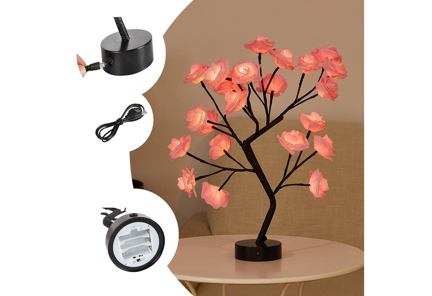 MUPOO LED Baum Rosenblütenbaum Licht für Tischplatte, LED-Tisch-Bonsai-Baum Lichtdekor, Rosa Rose, schwarze Basis, LED fest integriert, für Valentinstag,Zuhause,Hochzeit Bild 5