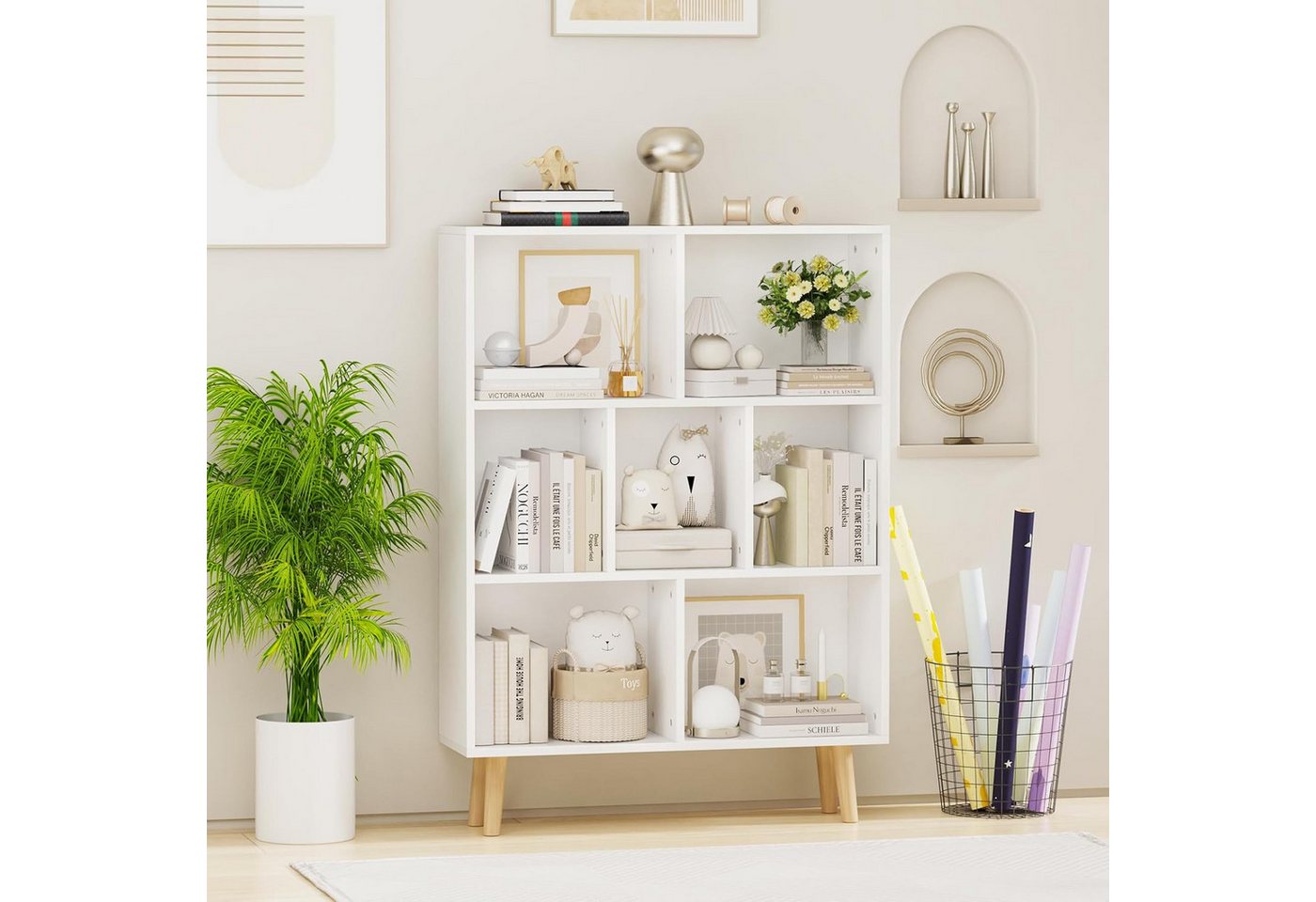 JEOBEST Bücherregal Bücherschrank mit 6 Fächern Weiß, Massivholzbeinen, 1-tlg., Standregal Aktenregal 80 x 24 x 110cm, Anti-Kipp-Vorrichtung