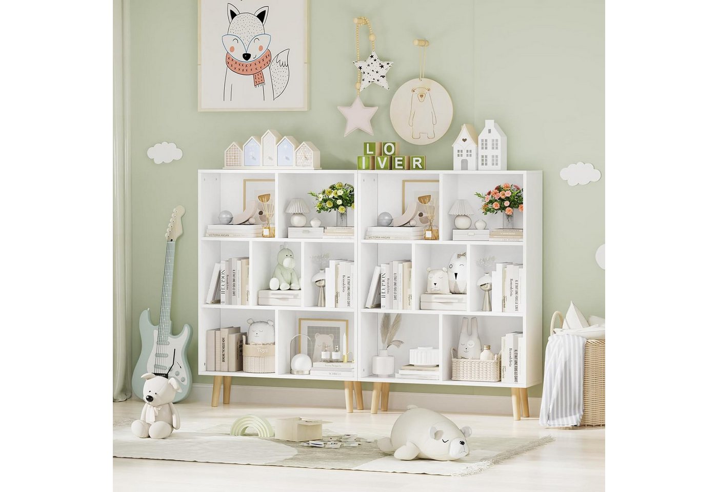 JEOBEST Bücherregal B ücherschrank mit 6 Fächern Weiß, Massivholzbeinen, 1-tlg., Standregal Aktenregal 80 x 24 x 110cm, Anti-Kipp-Vorrichtung Bild 3