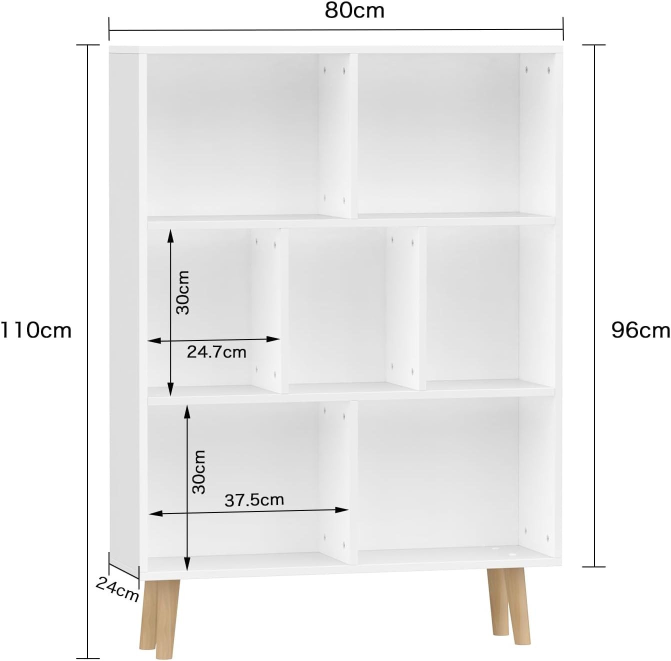 JEOBEST Bücherregal Bücherschrank mit 6 Fächern Weiß, Massivholzbeinen, 1-tlg., Standregal Aktenregal 80 x 24 x 110cm, Anti-Kipp-Vorrichtung Bild 4