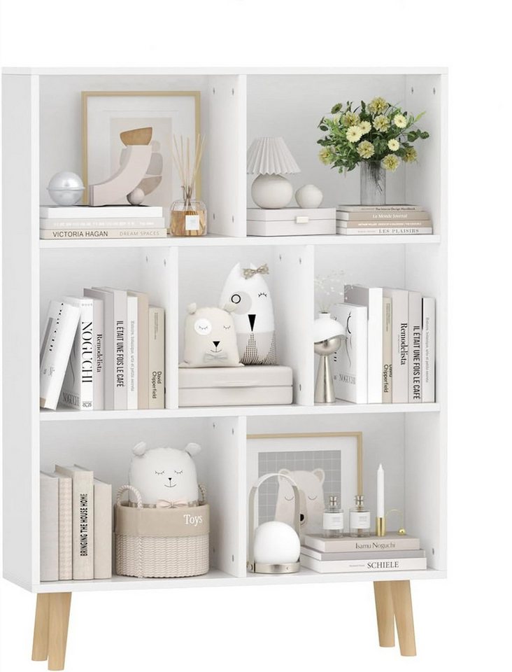 JEOBEST Bücherregal Bücherschrank mit 6 Fächern Weiß, Massivholzbeinen, 1-tlg., Standregal Aktenregal 80 x 24 x 110cm, Anti-Kipp-Vorrichtung Bild 5