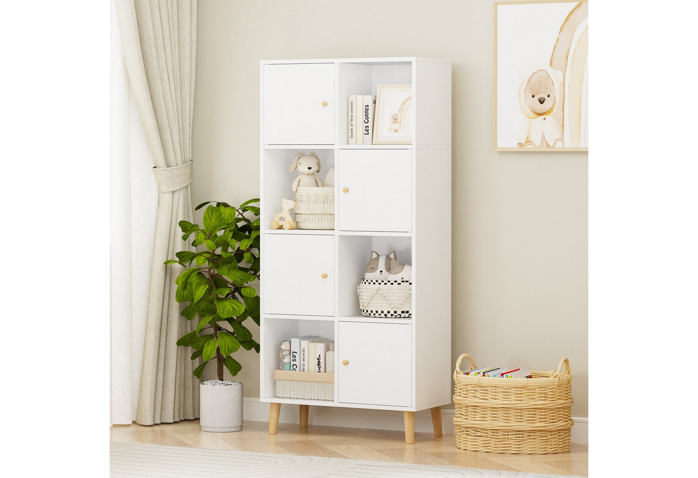 JEOBEST Bücherregal Bücherschrank, Standregal, Aufbewahrungregal mit 4 Türen, 4 Fächer, Holzregal, 56 x 30 x 138cm