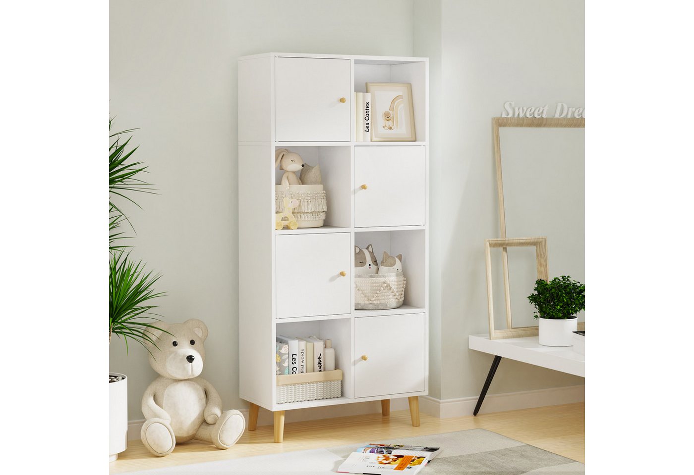 JEOBEST Bücherregal Bücherschrank, Standregal, Aufbewahrungregal mit 4 Türen, 4 Fächer, Holzregal, 56 x 30 x 138cm Bild 3