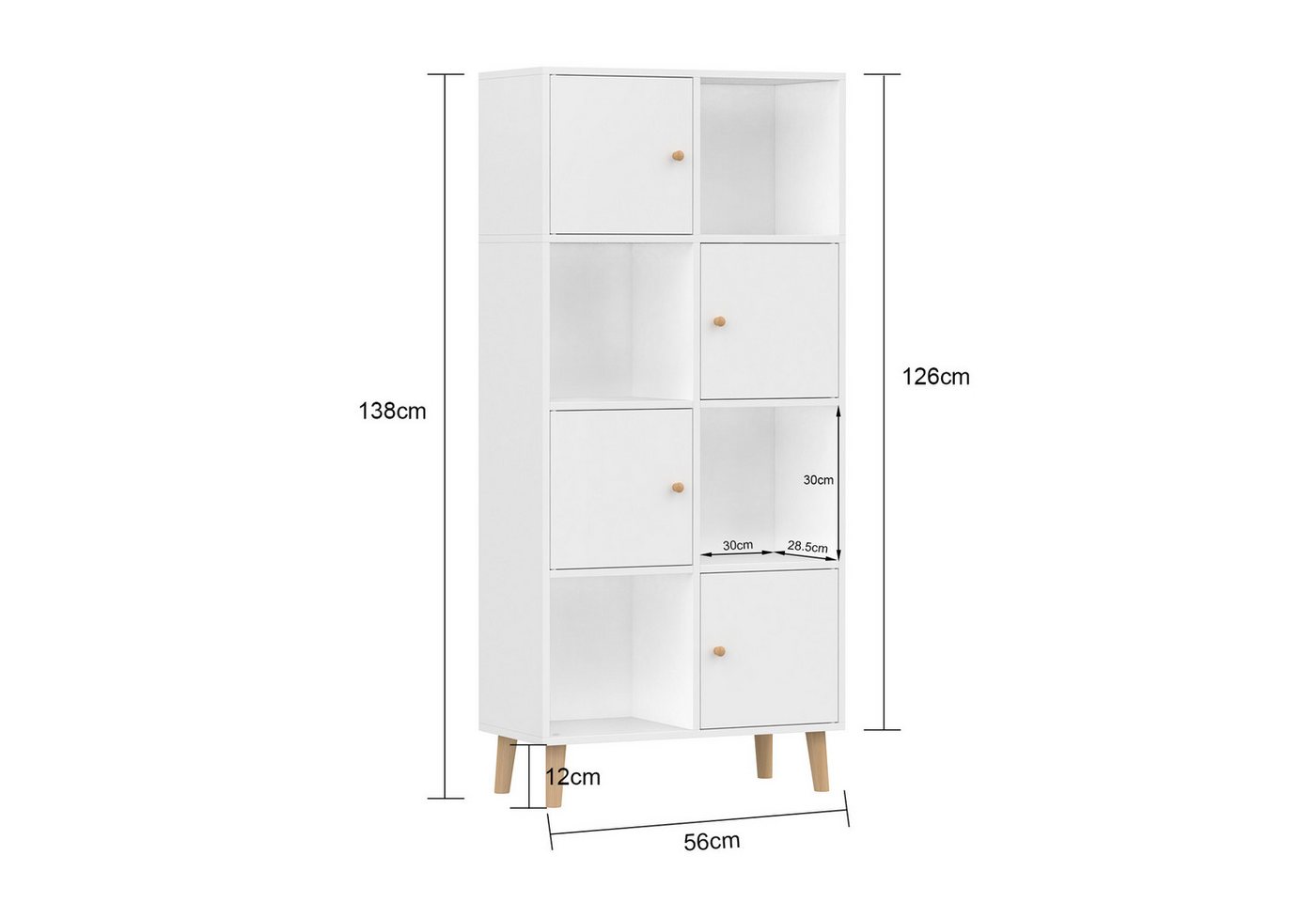 JEOBEST Bücherregal Bücherschrank, Standregal, Aufbewahrungregal mit 4 Türen, 4 Fächer, Holzregal, 56 x 30 x 138cm Bild 4