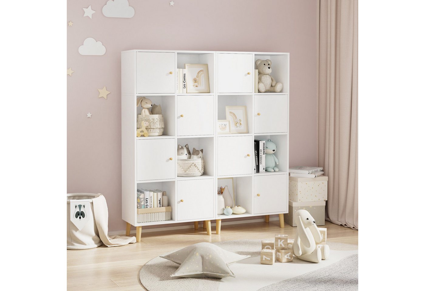JEOBEST Bücherregal Bücherschrank, Standregal, Aufbewahrungregal mit 4 Türen, 4 Fächer, Holzregal, 56 x 30 x 138cm Bild 5