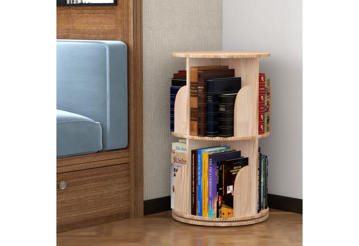 GarveeMore Bücherregal 360 Grad drehendes Bücherregal massives Holz stehendes Regalboden Bild 2