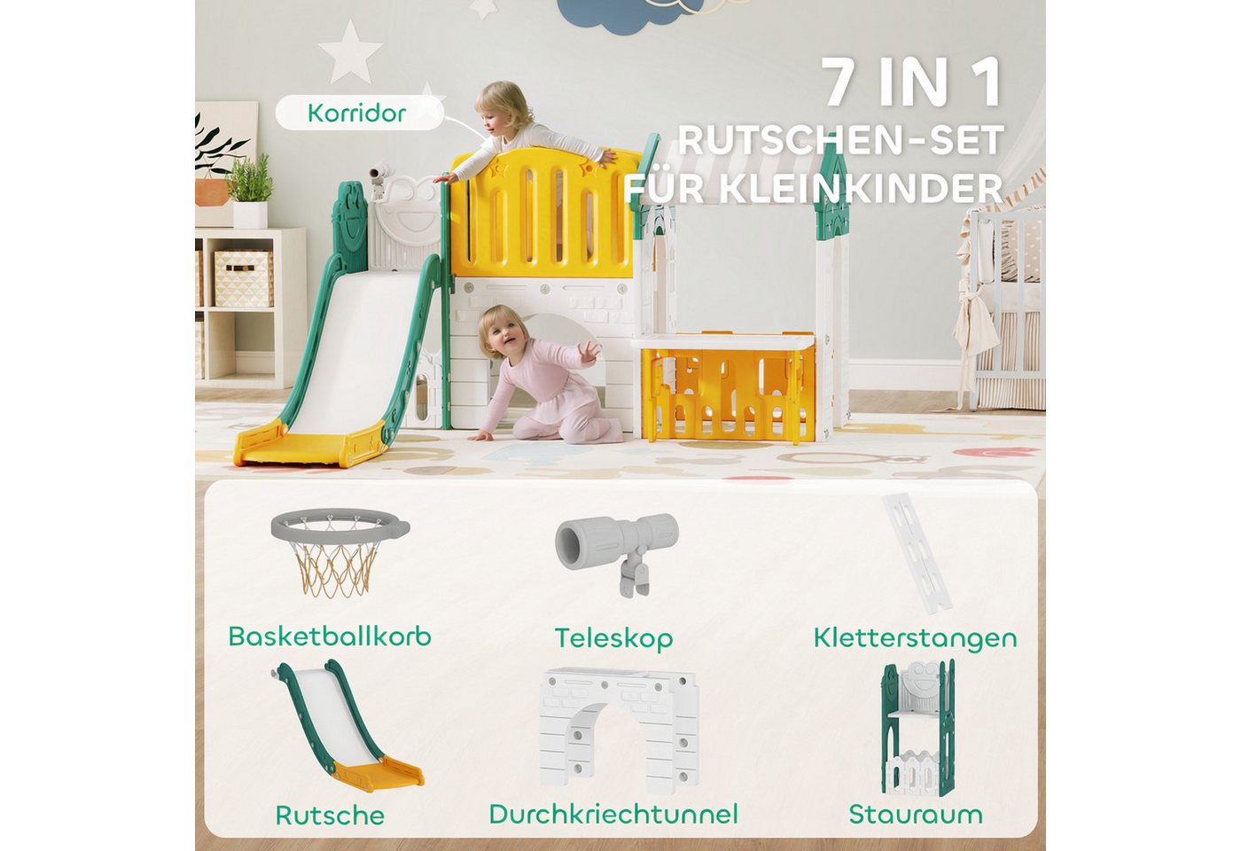 AIYAPLAY Rutsche Kinderrutsche mit Klettergerüst, Indoor und Outdoor, (Gartenrutsche, 1-tlg., Babyrutsche), für Kinder 1-4 Jahre, Gelb+Grün