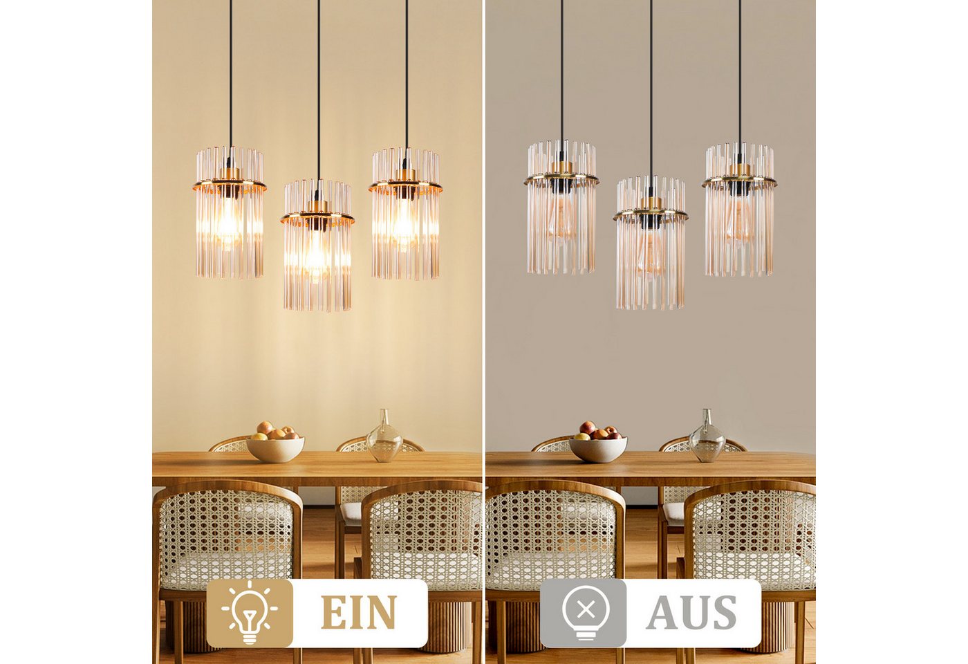 Nettlife LED Pendelleuchte Retro Gold/Schwarz kristall E27 Hängelampe 3 Flammig Hängeleuchte 16cm, ohne Leuchtmittel, für esstisch esszimmer Wohnzimmer Küche Bild 2