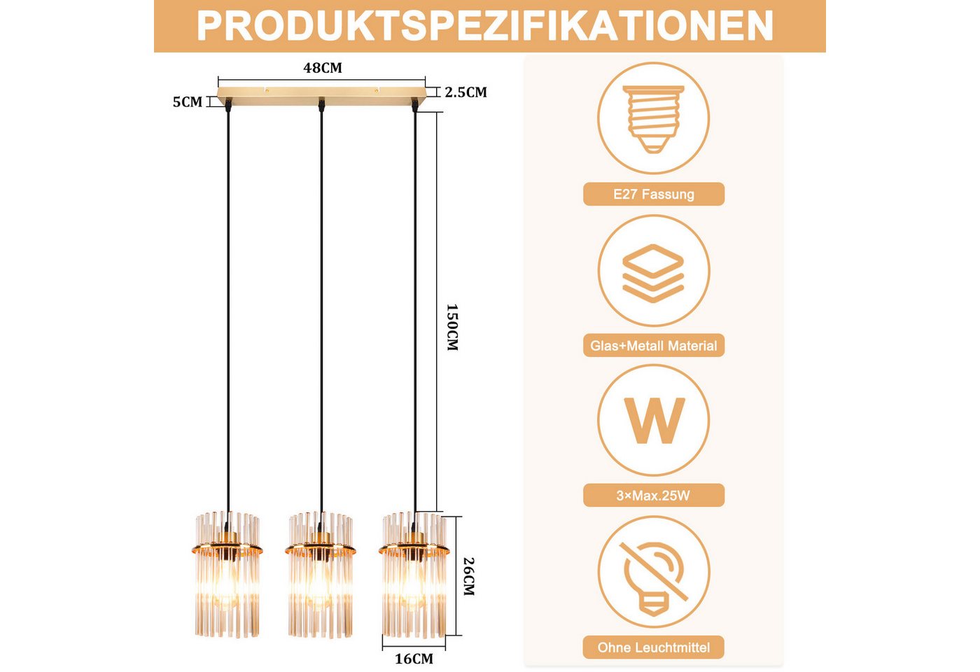 Nettlife LED Pendelleuchte Retro Gold/Schwarz kristall E27 Hängelampe 3 Flammig Hängeleuchte 16cm, ohne Leuchtmittel, für esstisch esszimmer Wohnzimmer Küche Bild 3