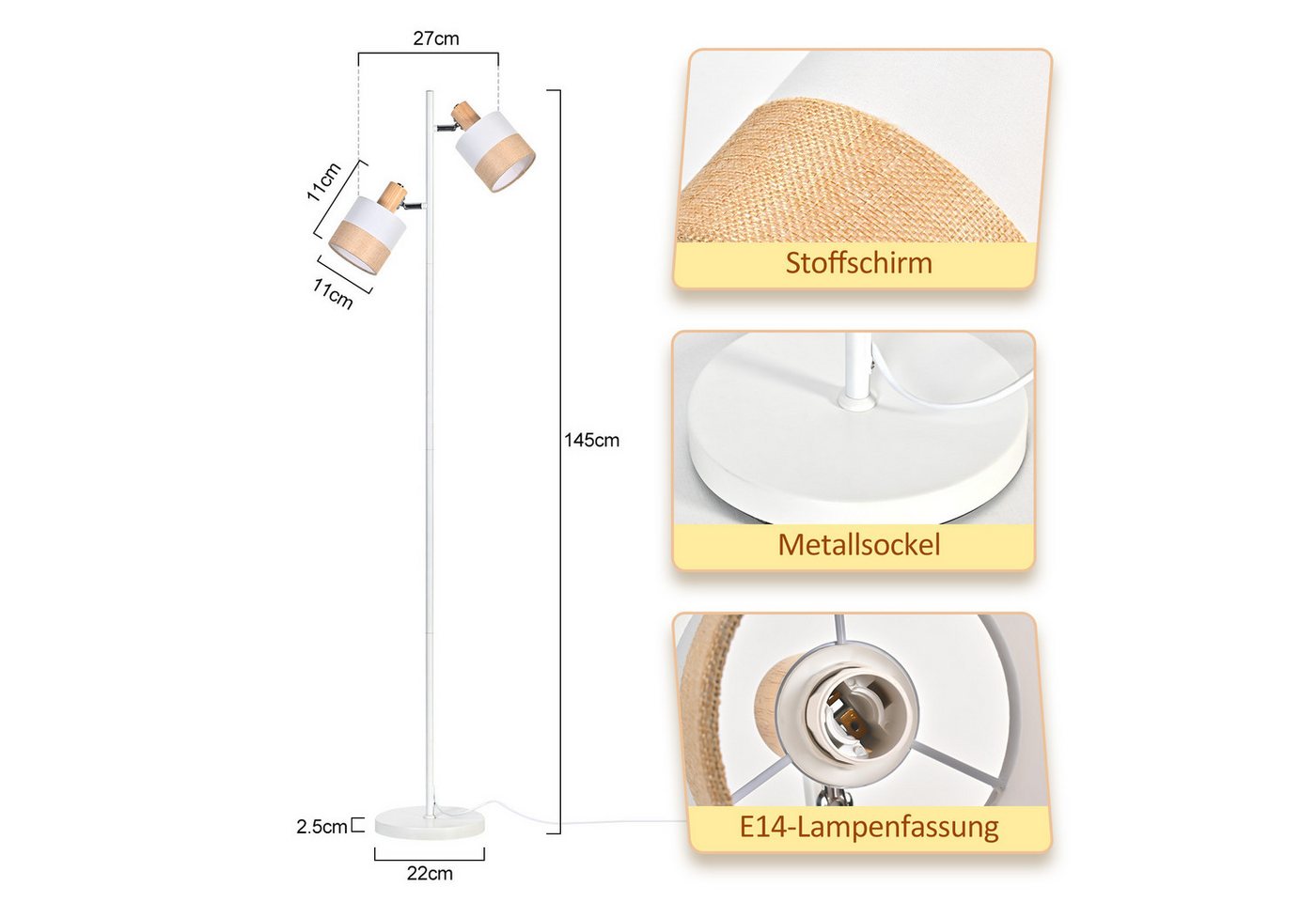 ZMH Stehlampe Wohnzimmer Stehleuchte Vintage - Stoff Standlampe 1/2/3 Flammig Retro, Augenschutz