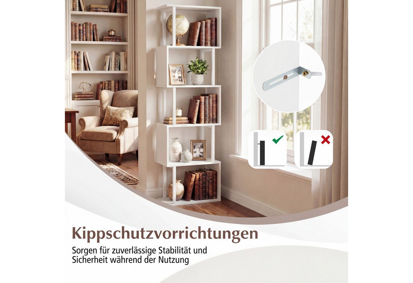 COSTWAY Bücherregal, 5 stöckiges geometrisches, mit Metallrahmen, Kippschutz