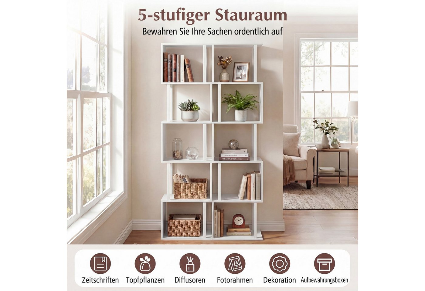 COSTWAY Bücherregal, 5 stöckiges geometrisches, mit Metallrahmen, Kippschutz Bild 3