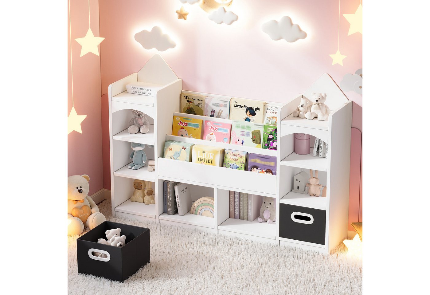 Flieks Bücherregal, 1-tlg., Spielzeugregal Kinderbuchregal mit 2 klappbaren Aufbewahrungsboxen