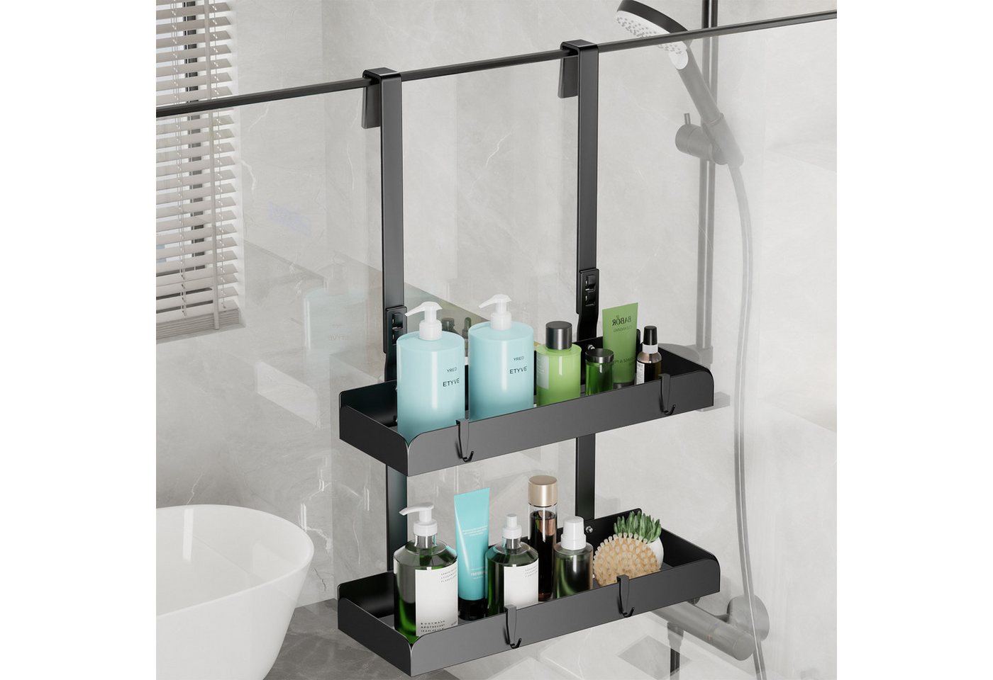 niffgaff Duschablage Wandregal ohne Bohren zum Hängen aus Edelstahl, Badregal mit 4 Haken, 1-tlg., Praktischer Organizer mit 4 Haken für Shampoo und Duschutensilien Bild 2