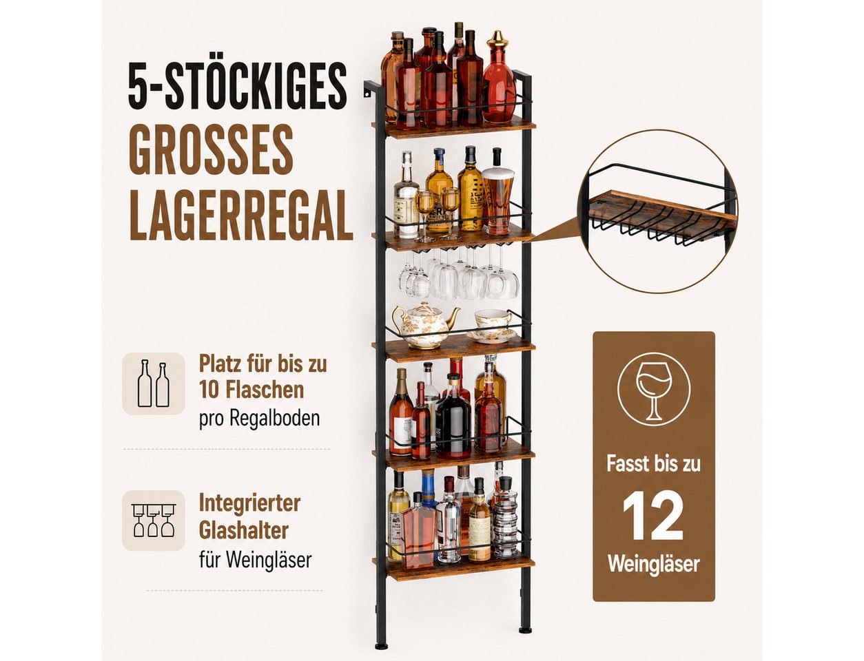 Yorbay Weinregal 5-Tier Freestanding Weinständer, 50 Flaschen, mit LED-Lichtern & Absturzsicherung Bild 3