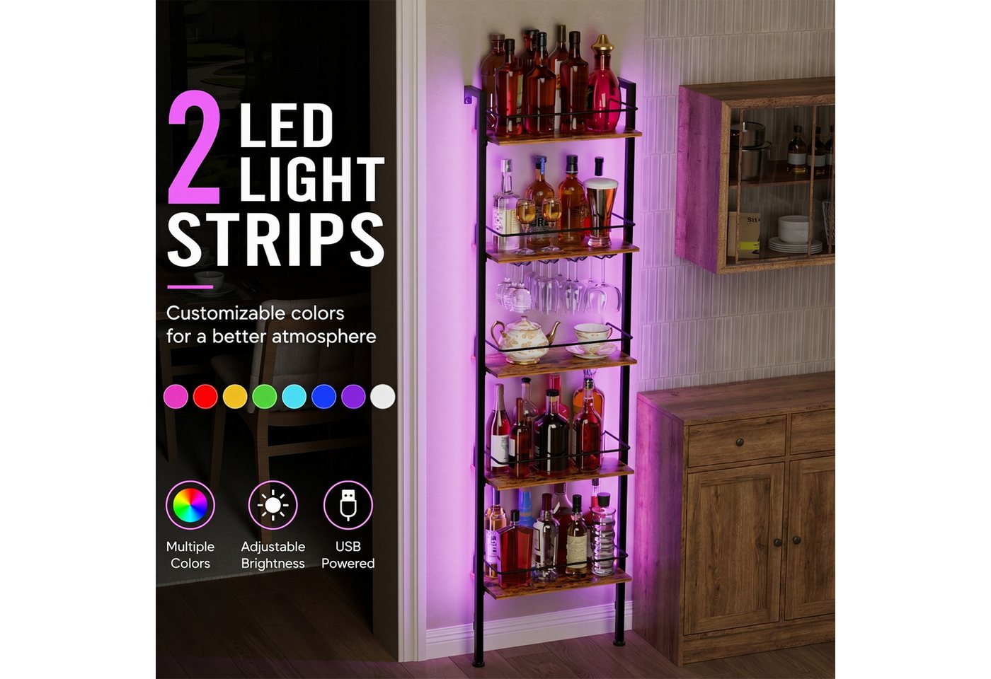 Yorbay Weinregal 5-Tier Freestanding Weinständer, 50 Flaschen, mit LED-Lichtern & Absturzsicherung Bild 4