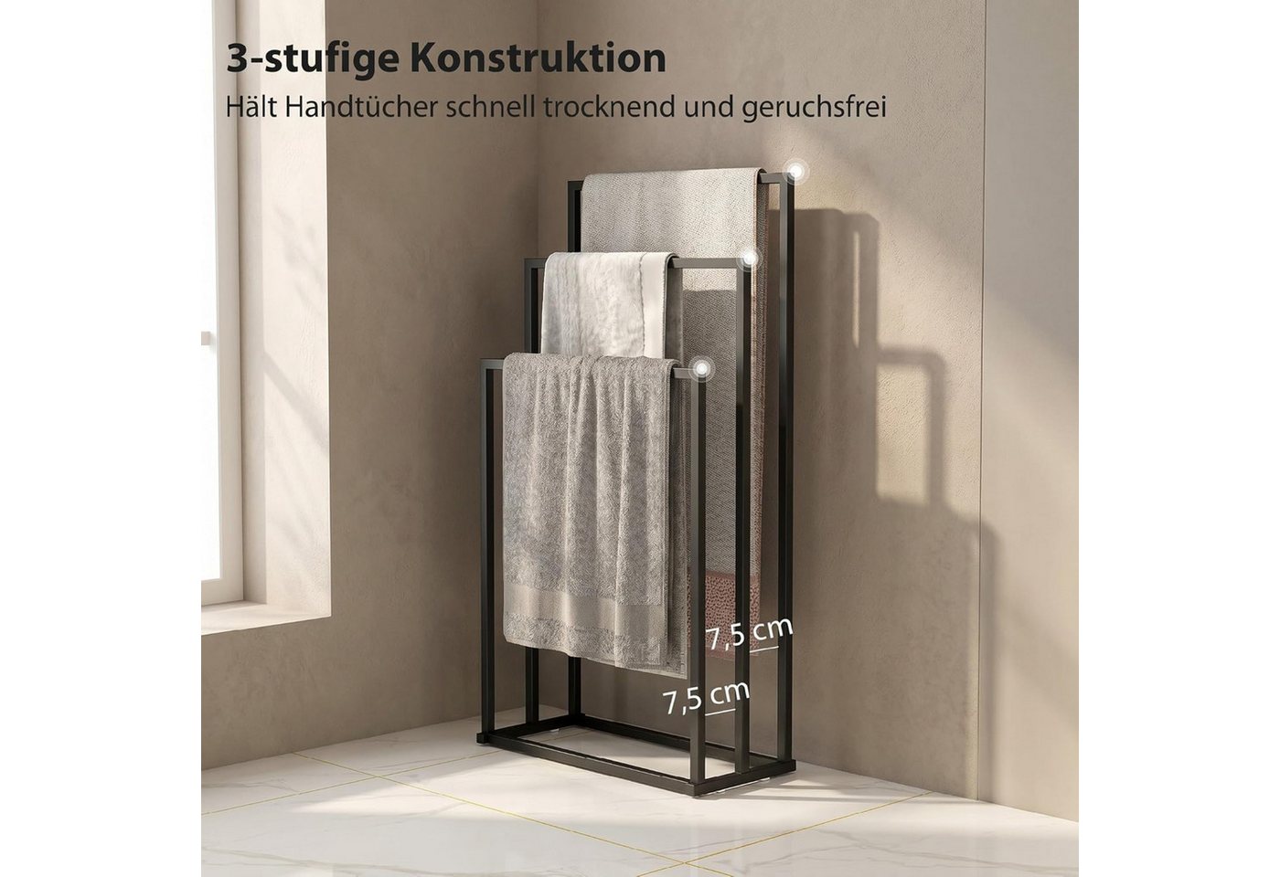 Luckice Teleskop-Handtuchhalter Stehender Handtuchhalter 3 Stangen Stahl, Badezimmer Handtuchständer, Freistehend & bohrfrei, Platzsparendes Design, Einfach zu versetzen