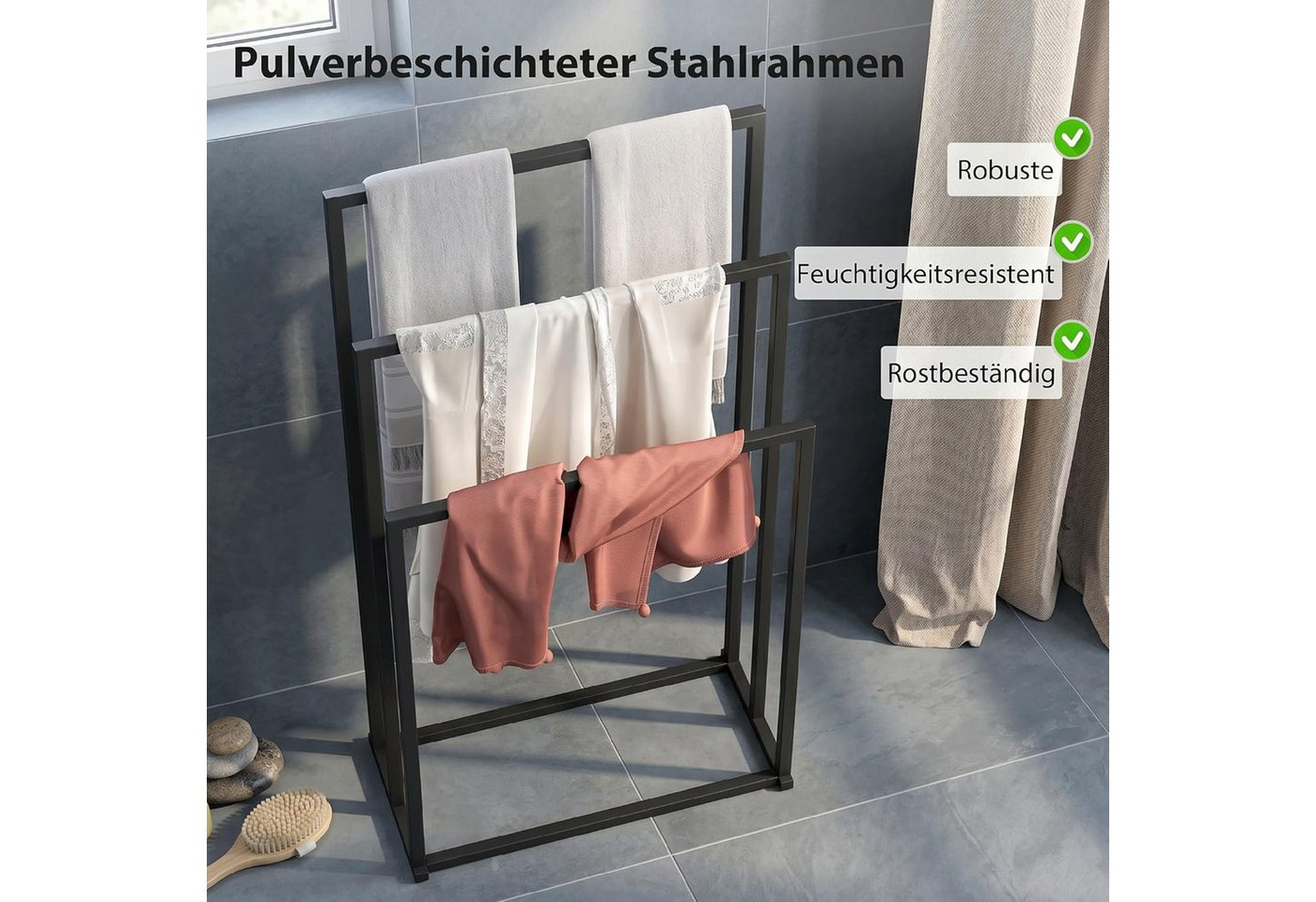 Luckice Teleskop-Handtuchhalter Stehender Handtuchhalter 3 Stangen Stahl, Badezimmer Handtuchständer, Freistehend & bohrfrei, Platzsparendes Design, Einfach zu versetzen Bild 4
