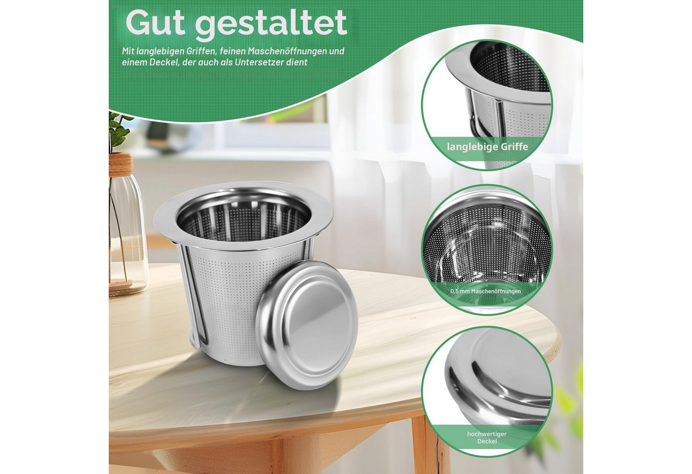 AFKSMILE Teesieb 2 Stück Teesieb für Losen Tee, 304 Edelstahl Teefilter mit Deckel, (2-St), Teefilter mit Klappgriff für Teekannen, Tassen, Wiederverwendbar Bild 2
