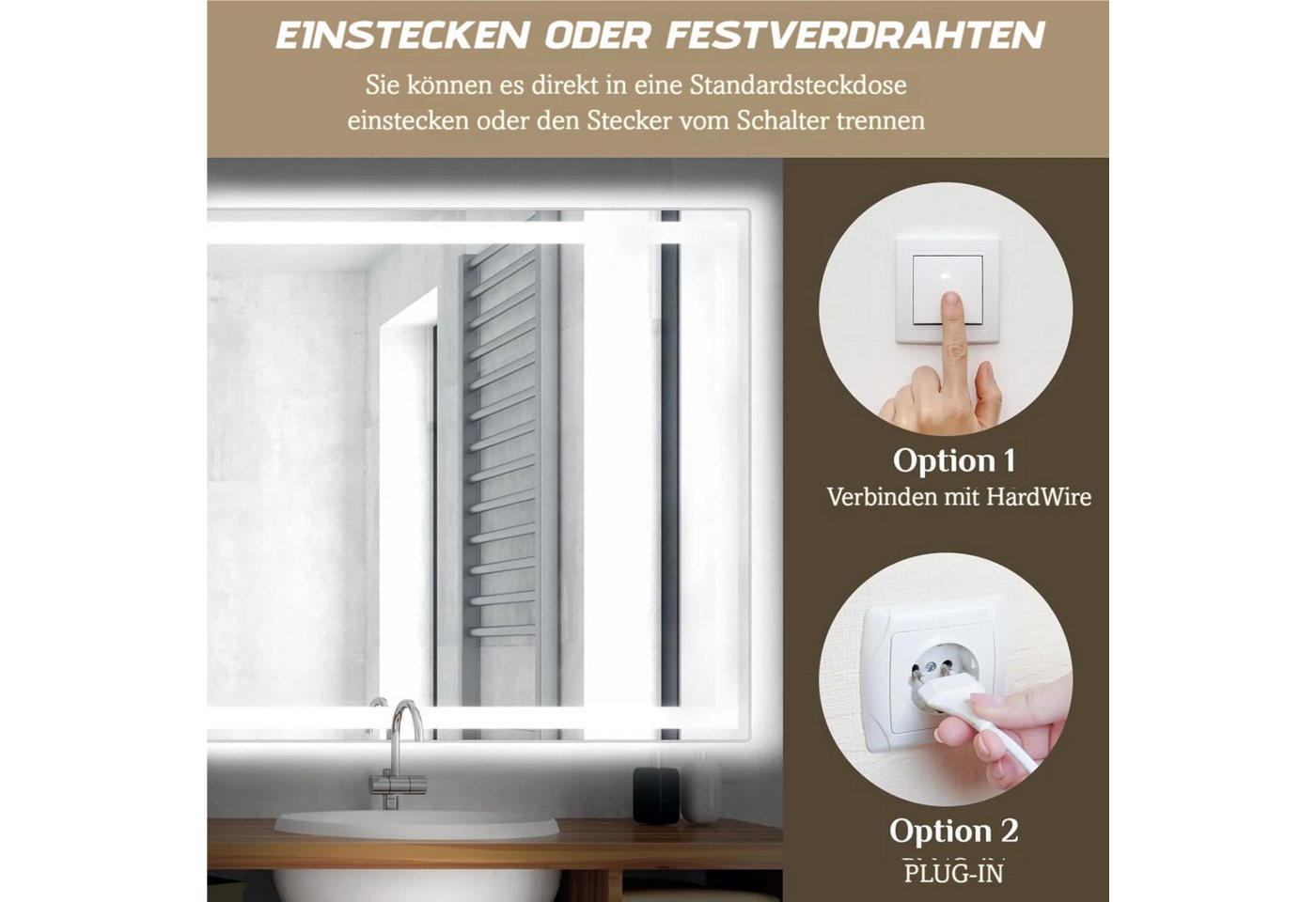 TLGREEN Badspiegel mit Beleuchtung,LED Spiegel mit 3 Lichtfarben und dimmbar, (Touch-Schalter und Beschlagfrei, gehärtetes Glas)