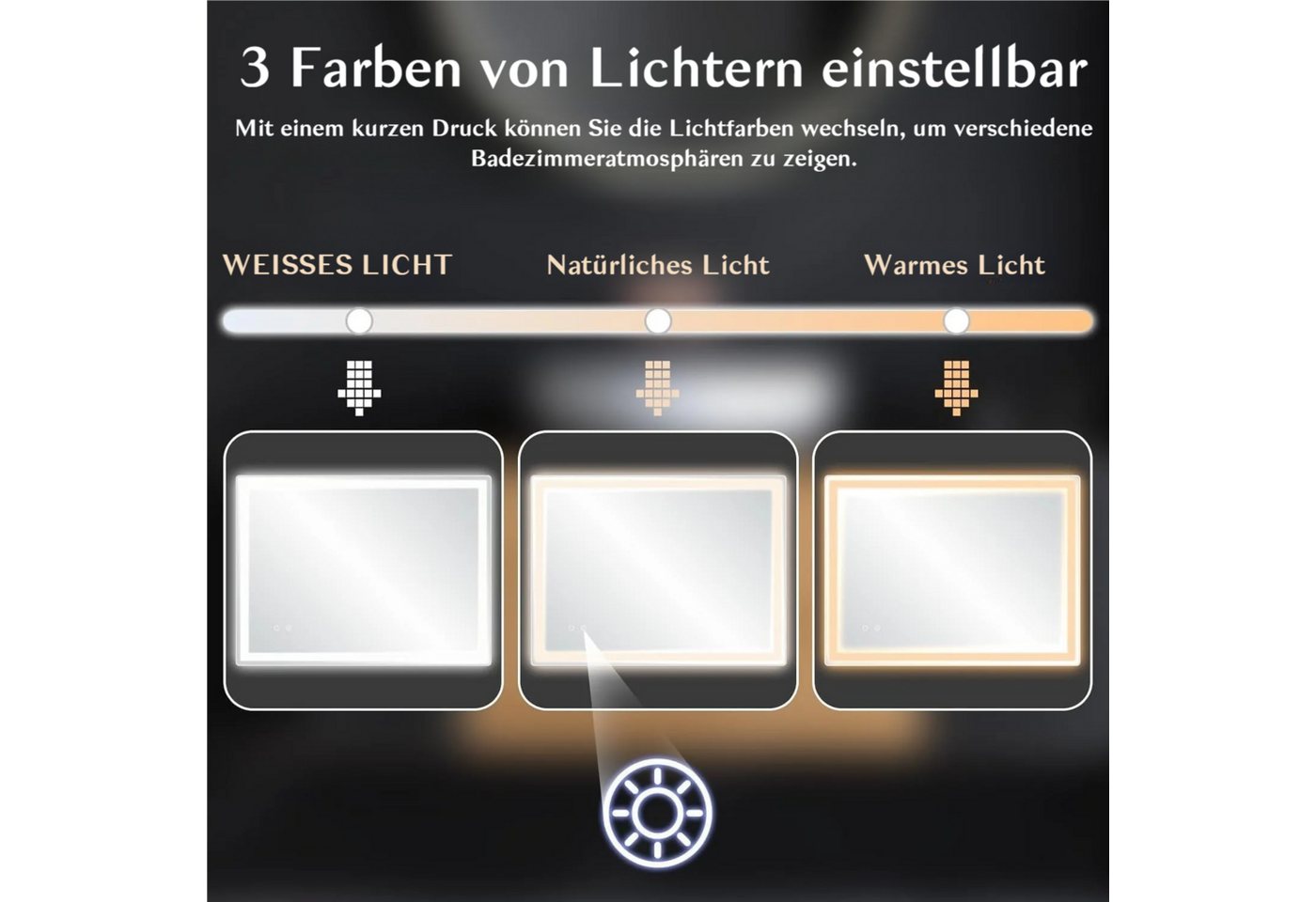 TLGREEN Badspiegel mit Beleuchtung,LED Spiegel mit 3 Lichtfarben und dimmbar, (Touch-Schalter und Beschlagfrei, gehärtetes Glas) Bild 4