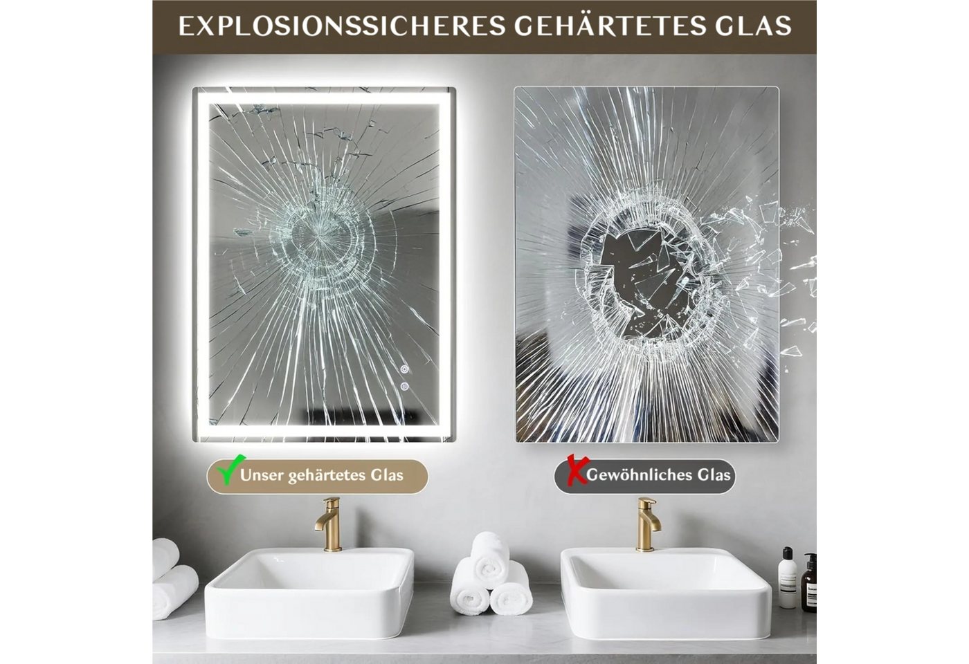 TLGREEN Badspiegel mit Beleuchtung,LED Spiegel mit 3 Lichtfarben und dimmbar, (Touch-Schalter und Beschlagfrei, gehärtetes Glas) Bild 5