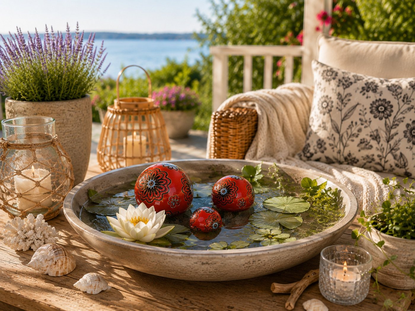 finehomegarden Teichfigur Schwimmkugel rot/blau Ø4cm/Ø6cm/Ø7,5cm Blüten Porzellan 3er Set, (Set, 3-St., 3 tlg), Schwimmende Kugeln für Teich & Wasserschalen Garten Deko